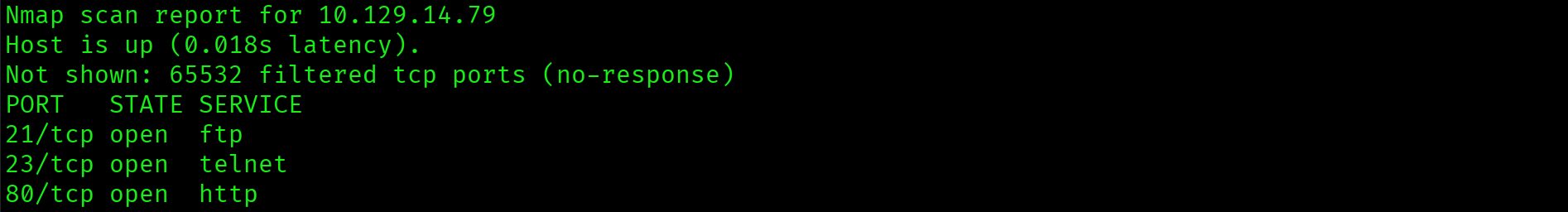 Nmap all ports scan showing ports 21, 23, and 80 open on Access