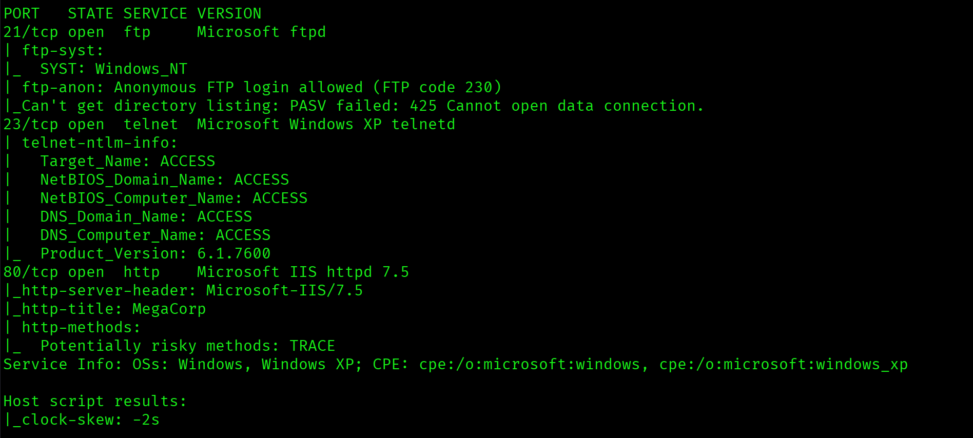Nmap service scan showing FTP anonymous login allowed, Telnet on Windows 7, IIS 7.5