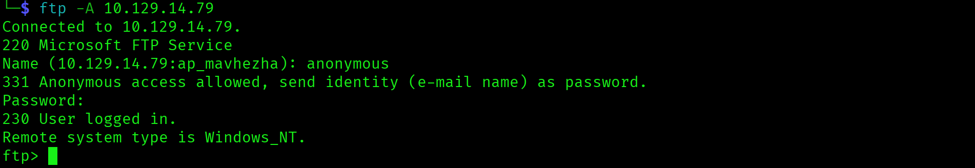 FTP anonymous login successful using active mode on Access
