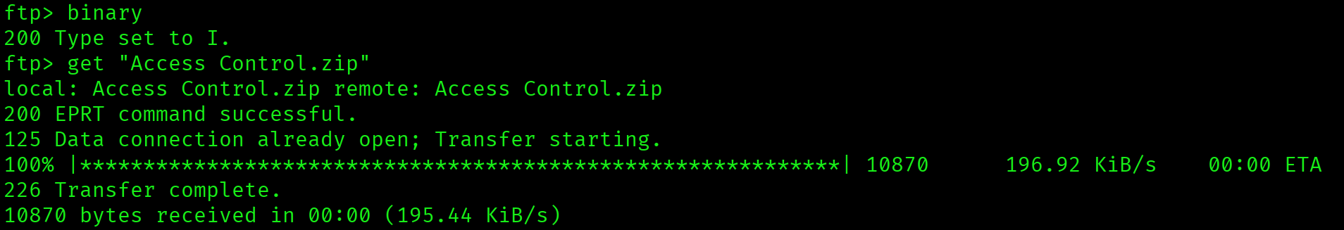 Downloading Access Control.zip in binary mode via FTP