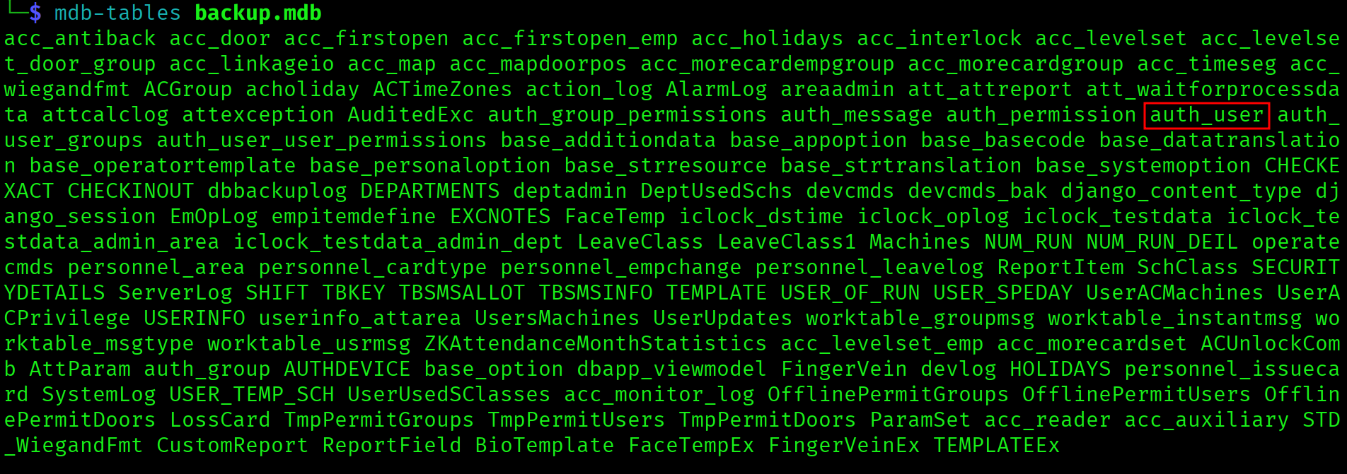 mdb-tables output listing all tables in backup.mdb including auth_user