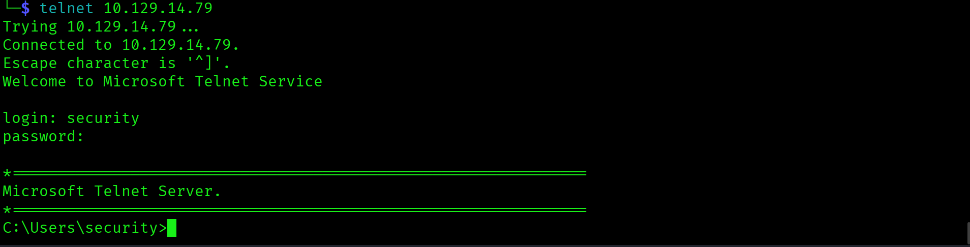 Telnet login successful as security with password 4Cc3ssC0ntr0ller